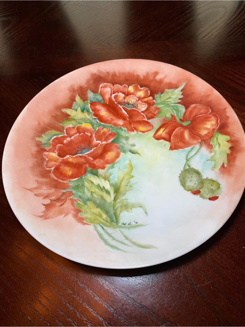 Holiday China Floral Decorative 10 in Plate Coral and Green signed by Pat S 1990